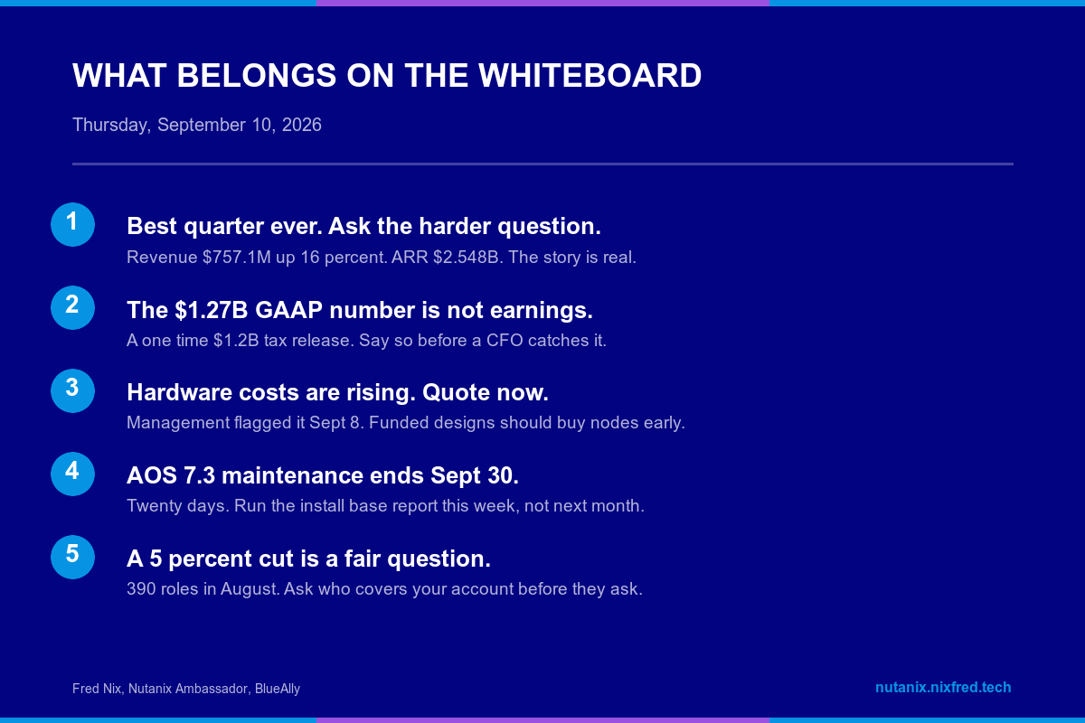 What Belongs on the Whiteboard, Thursday September 10 2026: Best quarter ever, ask the harder question. The $1.27B GAAP number is not earnings. Hardware costs are rising, quote now. AOS 7.3 maintenance ends Sept 30. A 5 percent cut is a fair question.